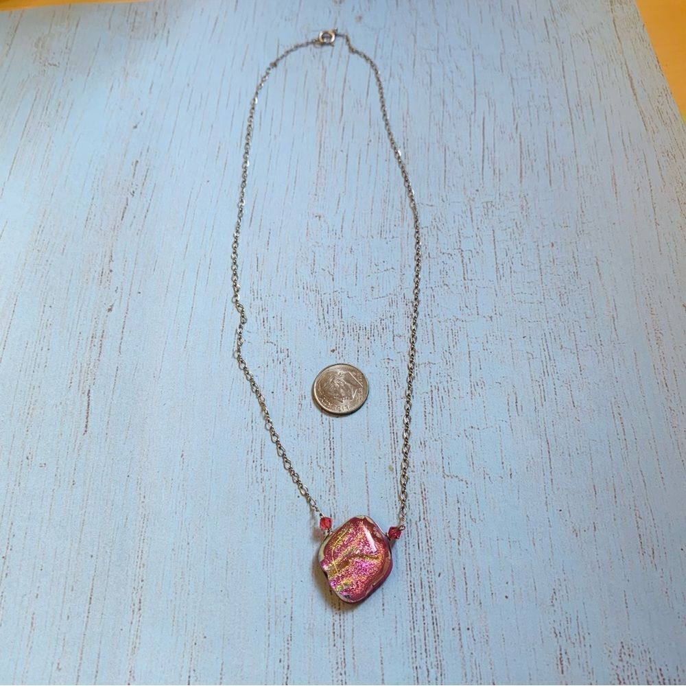 Sterling Silver Pink Green Diachronic Glass Necklace